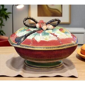 Fitz and Floyd Holiday Solstice Oval Covered Vegetable Bowl w/ Lid Handpainted